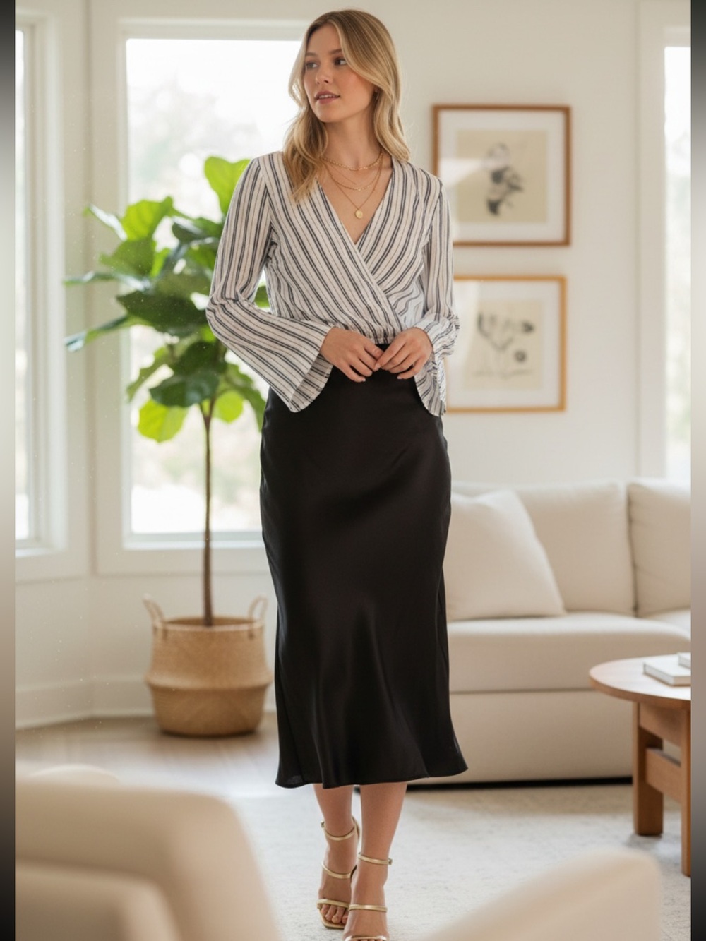 Sadie & Sage Brown tone and White Striped Wrap Crop Blouse